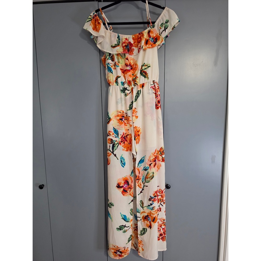 Excellent Love Reign Romper Dress Large Cream Floral Cold Shoulder Maxi Slit